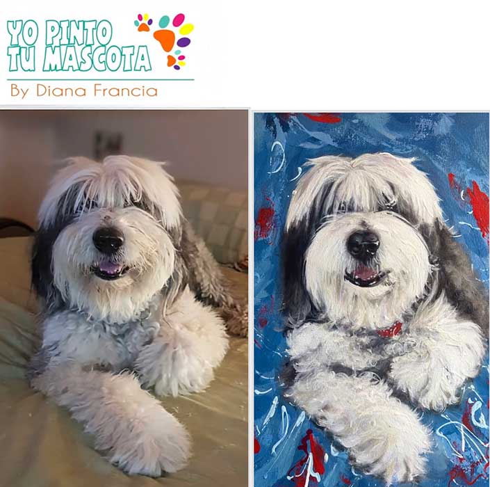 comparación de un Retrato de perro blanco realizado a mano sobre lienzo