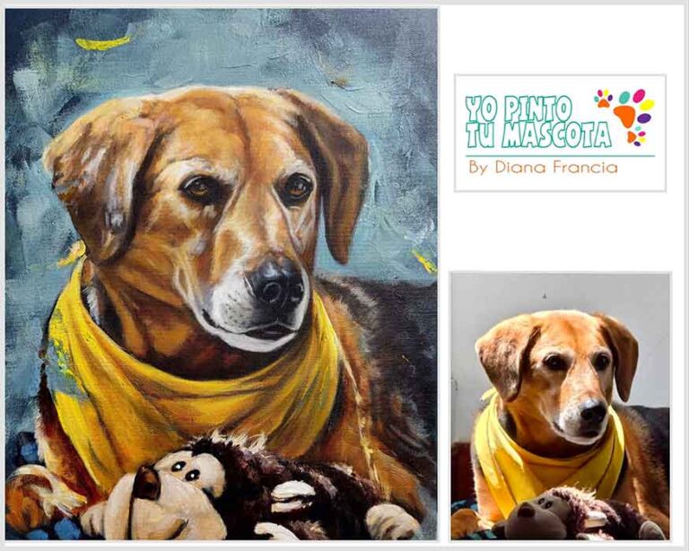 Comparación entre fotografía y retrato pintado de una mascota